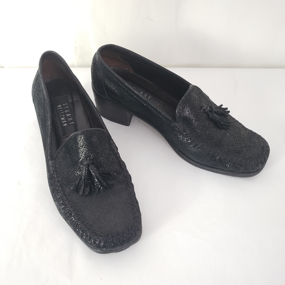 Stuart Weitzman black suede and leather chunky heel loafer metallic sheen 7.5